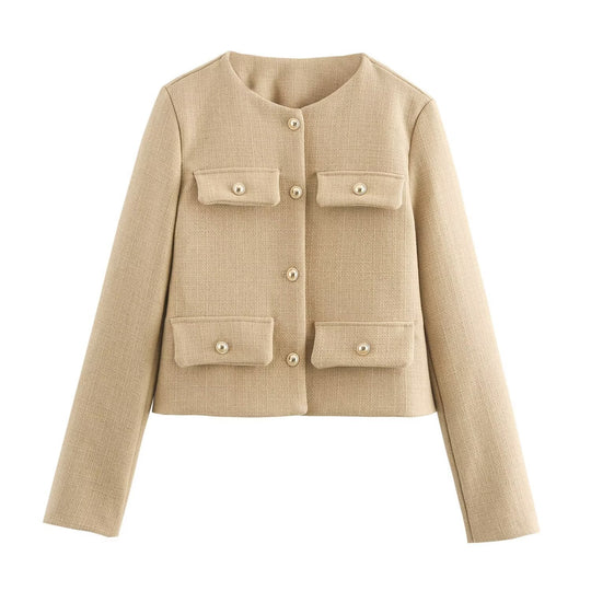Damen Kurze Bouclé-Blazerjacke mit Rundhalsausschnitt, Zierleistentaschen und goldfarbenen Knöpfen Shop Nory
