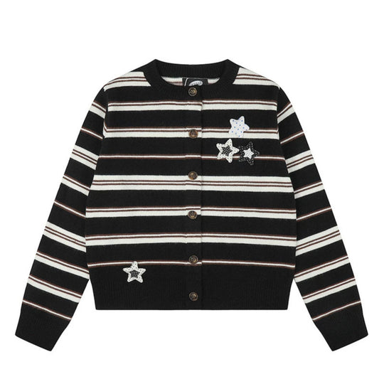 Damen Gestreifte Strick-Cardigan mit Knopfleiste und Stern-Applikationen Shop Nory