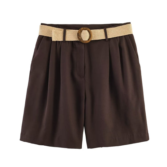 Damen elegante Shorts mit breitem, geflochtenem Gürtel
