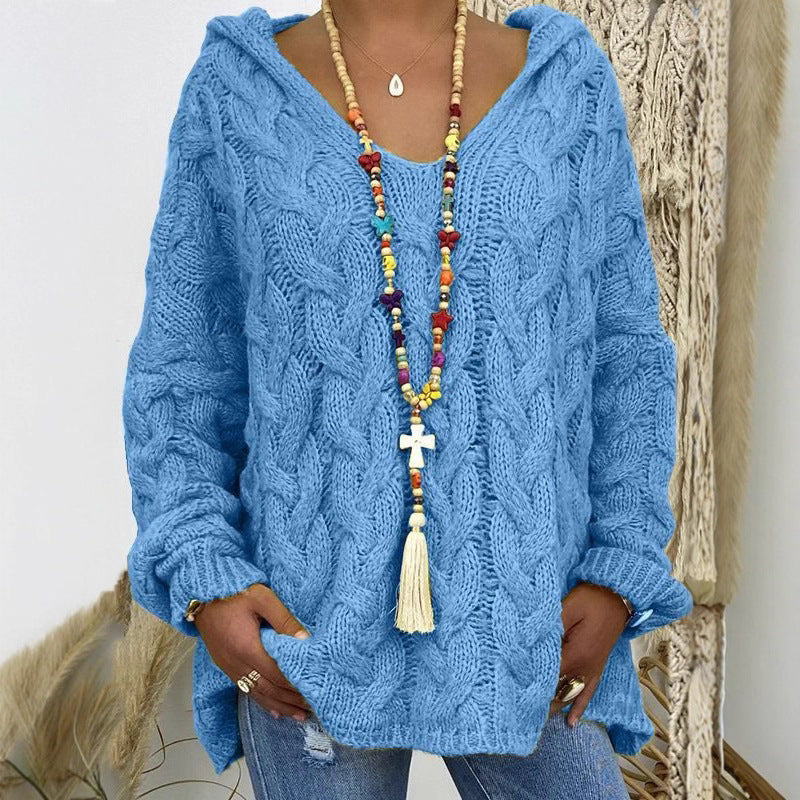 Damen Oversized Zopfmuster-Strickpullover mit Kapuze und lässigem V‑Ausschnitt Shop Nory