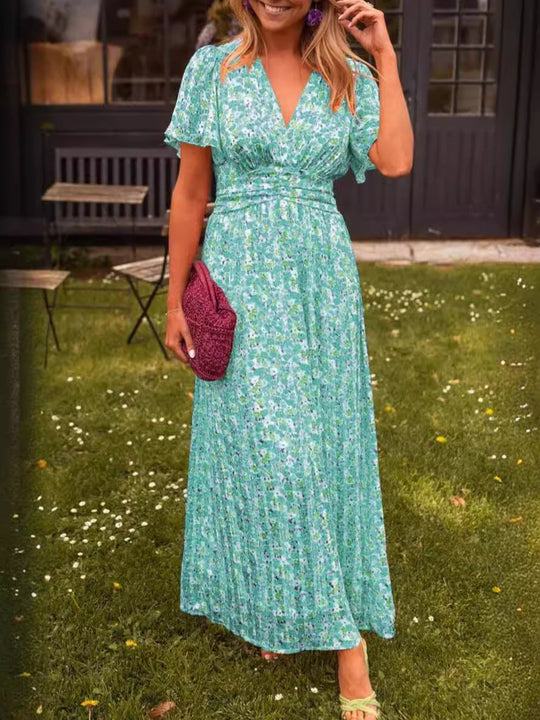 Damen Maxikleid mit floraler Raffung und V-Ausschnitt
