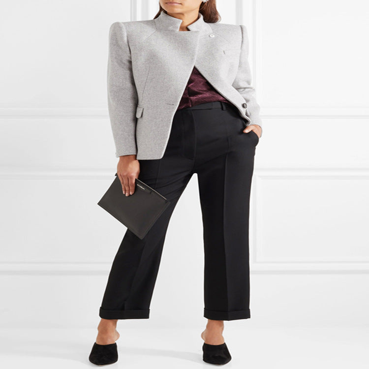 Damen Taillierter Wollmix‑Blazer mit Stehkragen, strukturierter Schulter und Pattentaschen Shop Nory