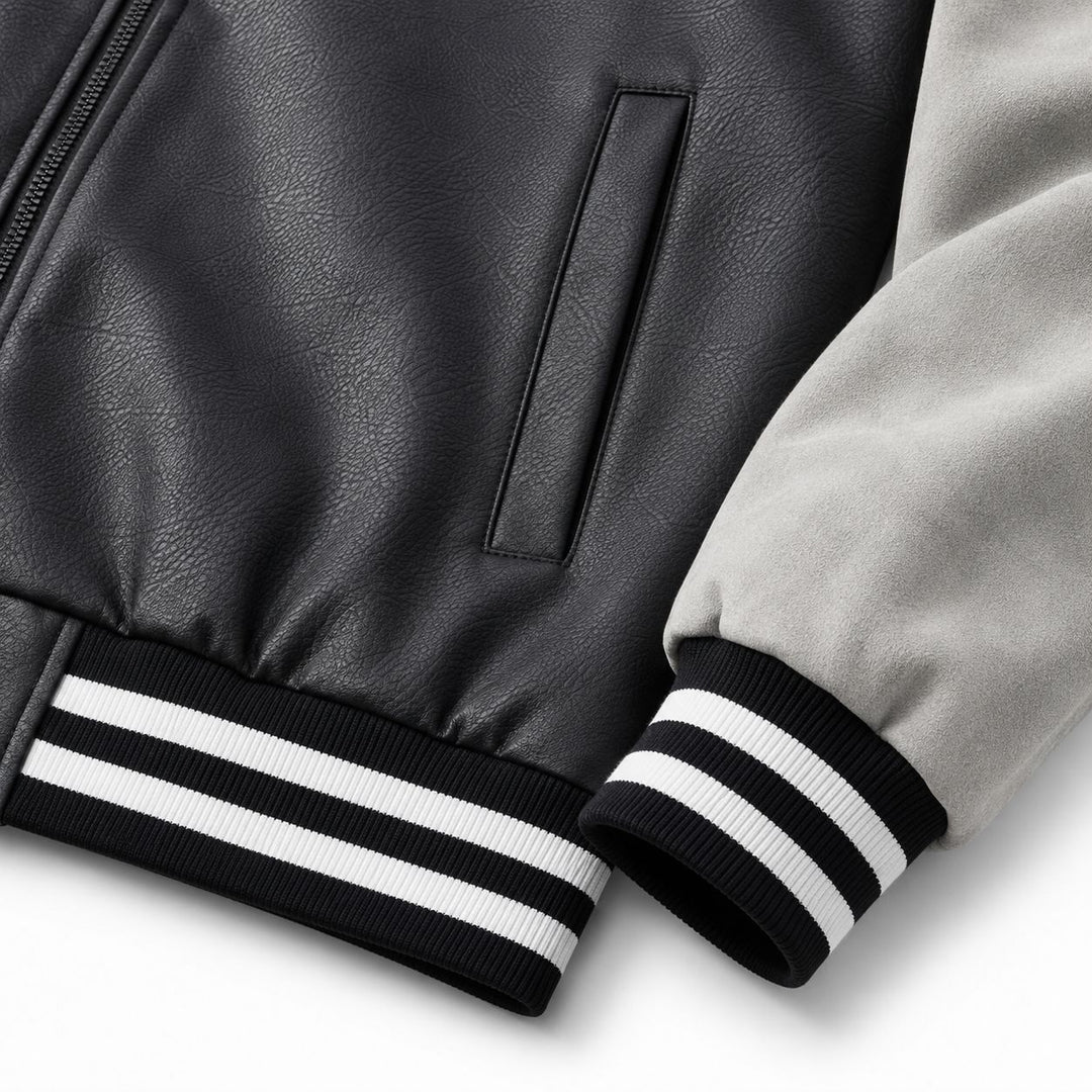 Herren Retro Letterman‑Bomber mit glattem Kunstlederkörper und Veloursärmmel-Detail Shop Nory