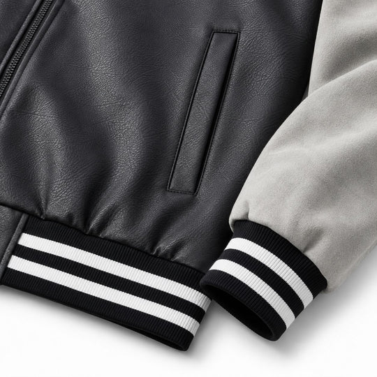 Herren Retro Letterman‑Bomber mit glattem Kunstlederkörper und Veloursärmmel-Detail Shop Nory
