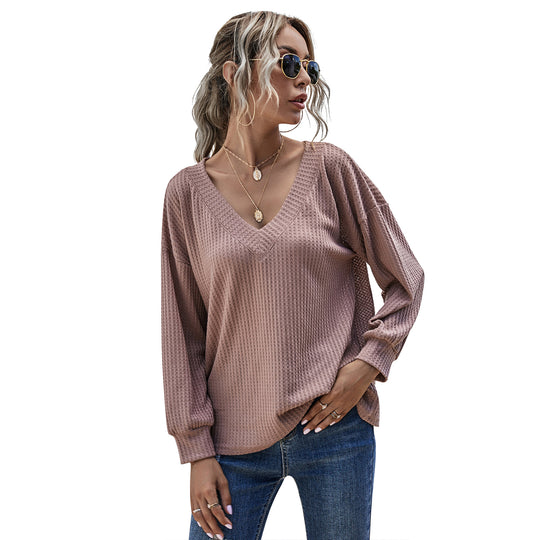 Damen Lockeres Waffelstrick-Longsleeve mit V-Ausschnitt und gerippten Bündchen Shop Nory