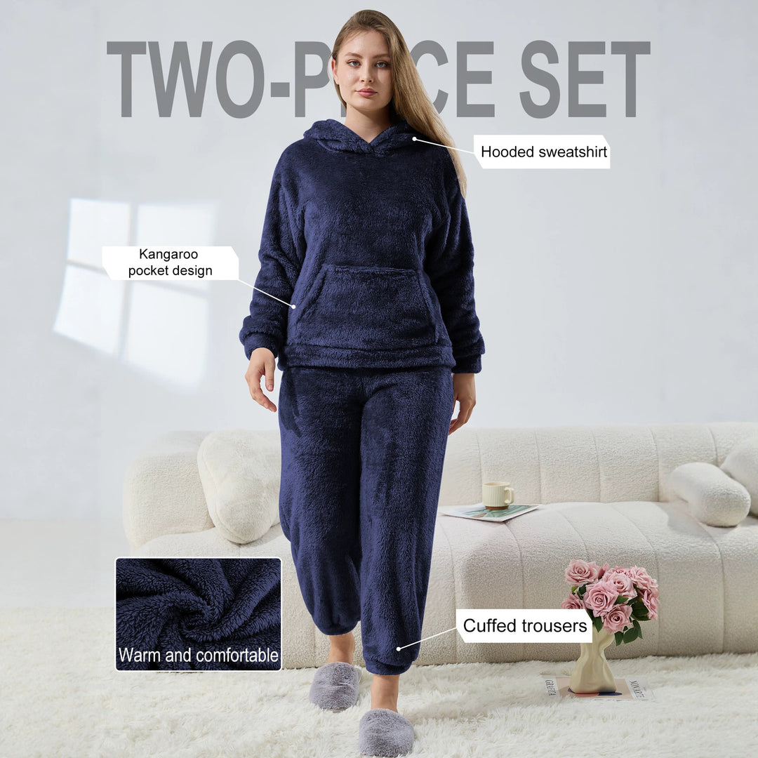 Damen Kuscheliges Teddy-Fleece Lounge-Set mit Kapuze und Kängurutasche Shopy Nory
