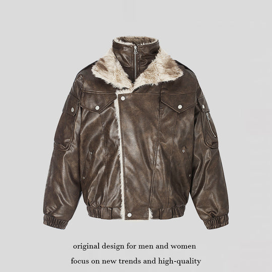 Damen Oversize Kunstleder-Fliegerjacke mit Teddyfutter und Stehkragen Shop Nory