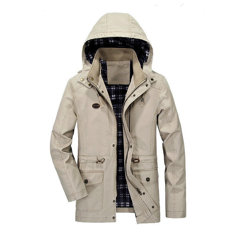 Herren mittellanger Parka mit Kapuze, kariertem Innenfutter und Taillenkordel Shop Nory