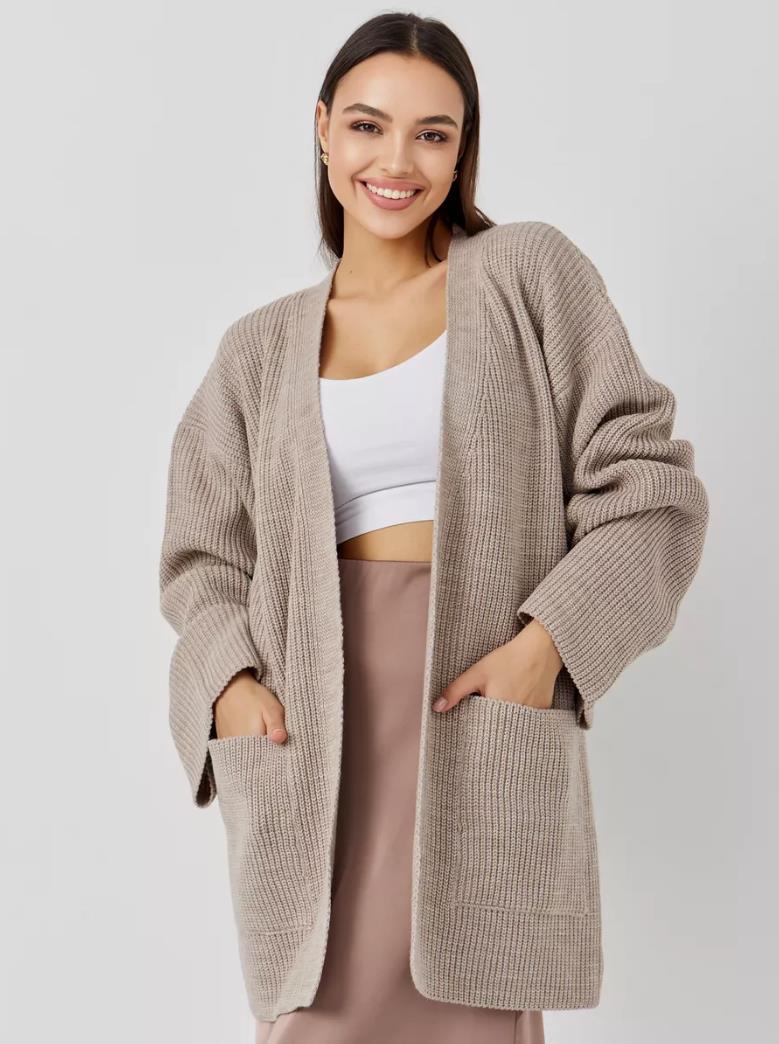 Damen kuscheliger langer Strickcardigan mit weiten Ärmeln und praktischen Taschen Shopnory