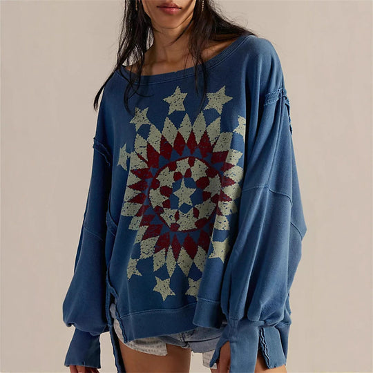 Damen oversized Sweatshirt mit Rüben-Print, ausgefransten Nahtakzenten und Daumenlochärmeln Shop Nory
