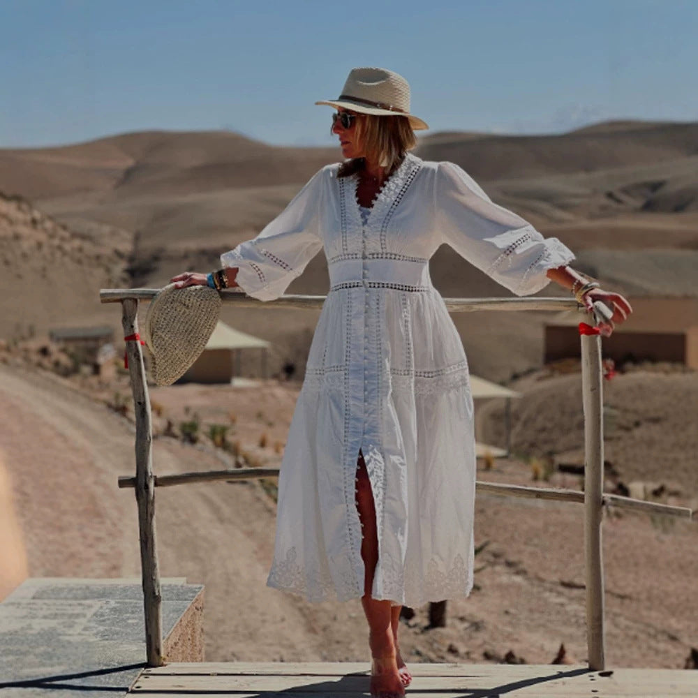 Damen Maxikleid im Boho‑Stil mit Spitzeneinsätzen, Knopfleiste und Ballonärmeln Shop Nory