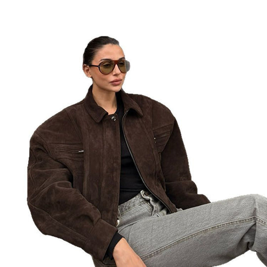 Damen Kurzer Veloursleder-Bomber mit elastischer Taillierung und überschnittener Schulter Shop Nory