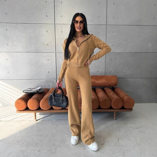 Damen Feinstrick-Loungewear-Set mit taillierter Kapuzenzipjacke und weiter Palazzo-Hose Shop Nory