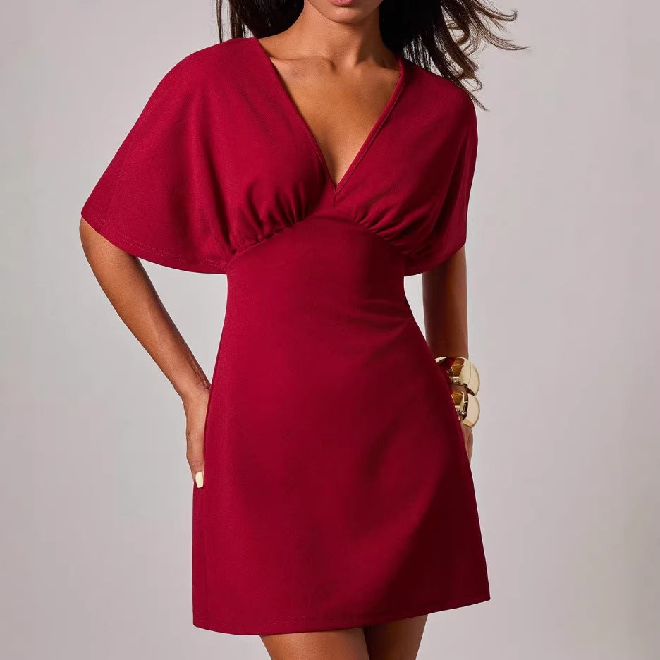 Damen figurbetontes Cocktailkleid mit tiefem V-Ausschnitt und Hüftakzent