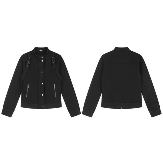 Damen Kurze Utility-Jacke mit Stehkragen, verstellbaren Schulterriemen und Druckknopfverschluss Shop Nory