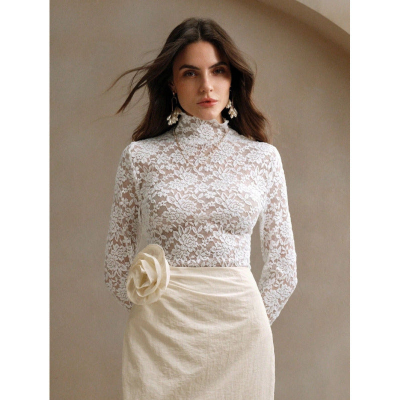 Damen Spitzenoberteil mit hohem Kragen und filigranem Blumendesign