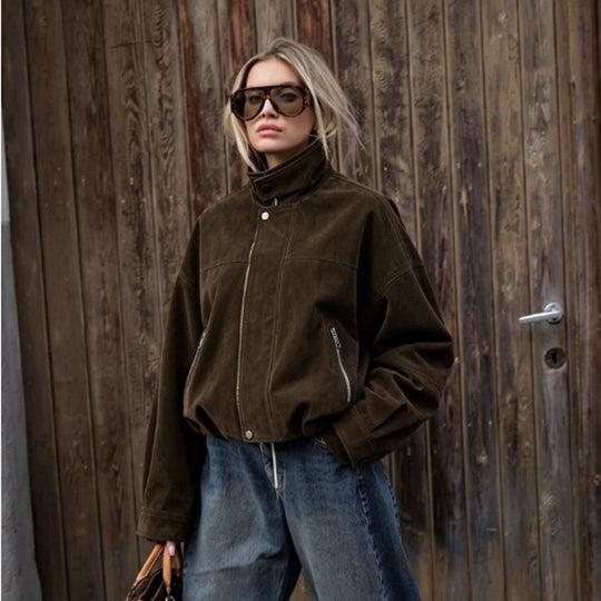 Damen Boxy-Suede-Bomberjacke mit hohem Stehkragen und elastischem Saum Shop Nory