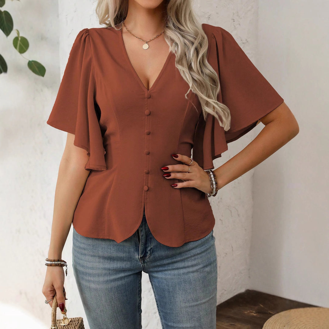 Damen V-Ausschnitt taillierte Bluse mit Schößchen und Volantärmeln Shop Nory