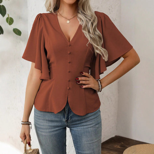 Damen V-Ausschnitt taillierte Bluse mit Schößchen und Volantärmeln Shop Nory