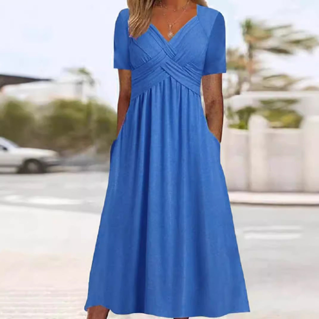 Damen nan fließendes Maxikleid mit gekreuzter Passe V-Ausschnitt Kurzarm und Eingrifftaschen