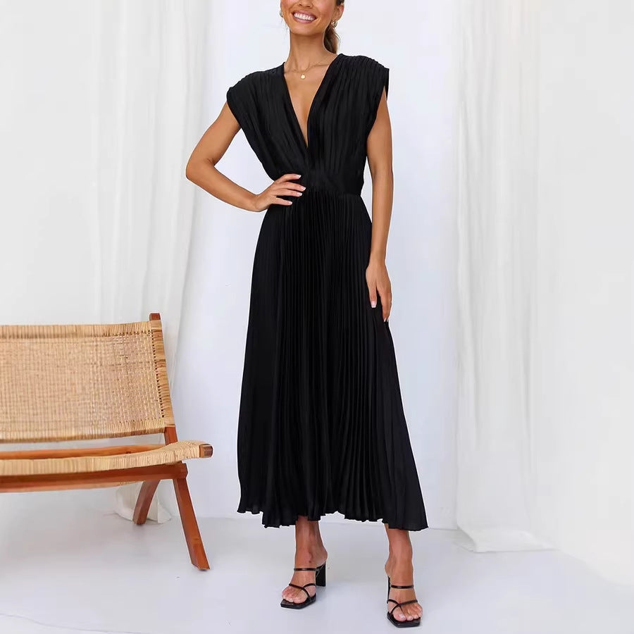 Damen Plissiertes Midikleid mit tiefem V-Ausschnitt und Taillengürtel Shop Nory