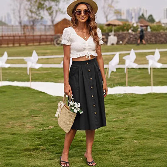 Damen Midi-Rock mit Knopfleiste und praktischen Taschen