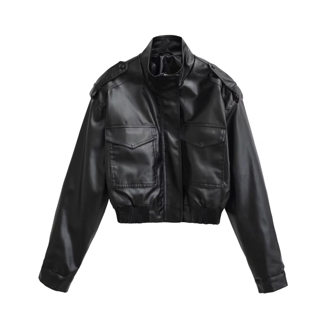 Damen Kurze PU-Leder-Bomberjacke mit hohem Stehkragen, Pattentaschen und Schulterklappen Shop Nory