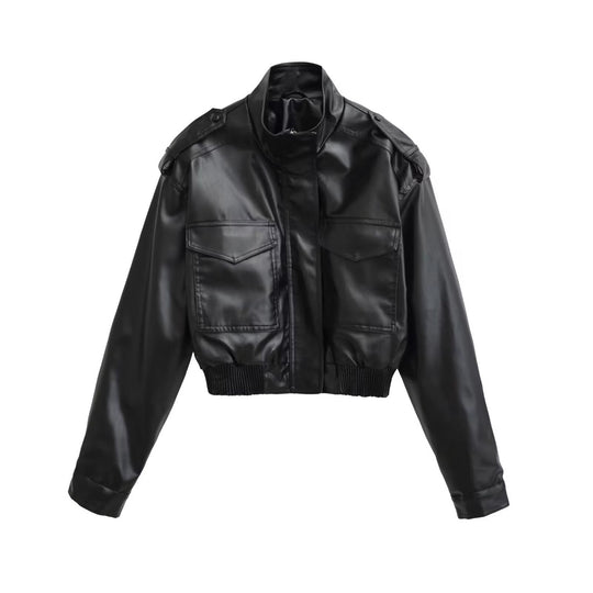 Damen Kurze PU-Leder-Bomberjacke mit hohem Stehkragen, Pattentaschen und Schulterklappen Shop Nory
