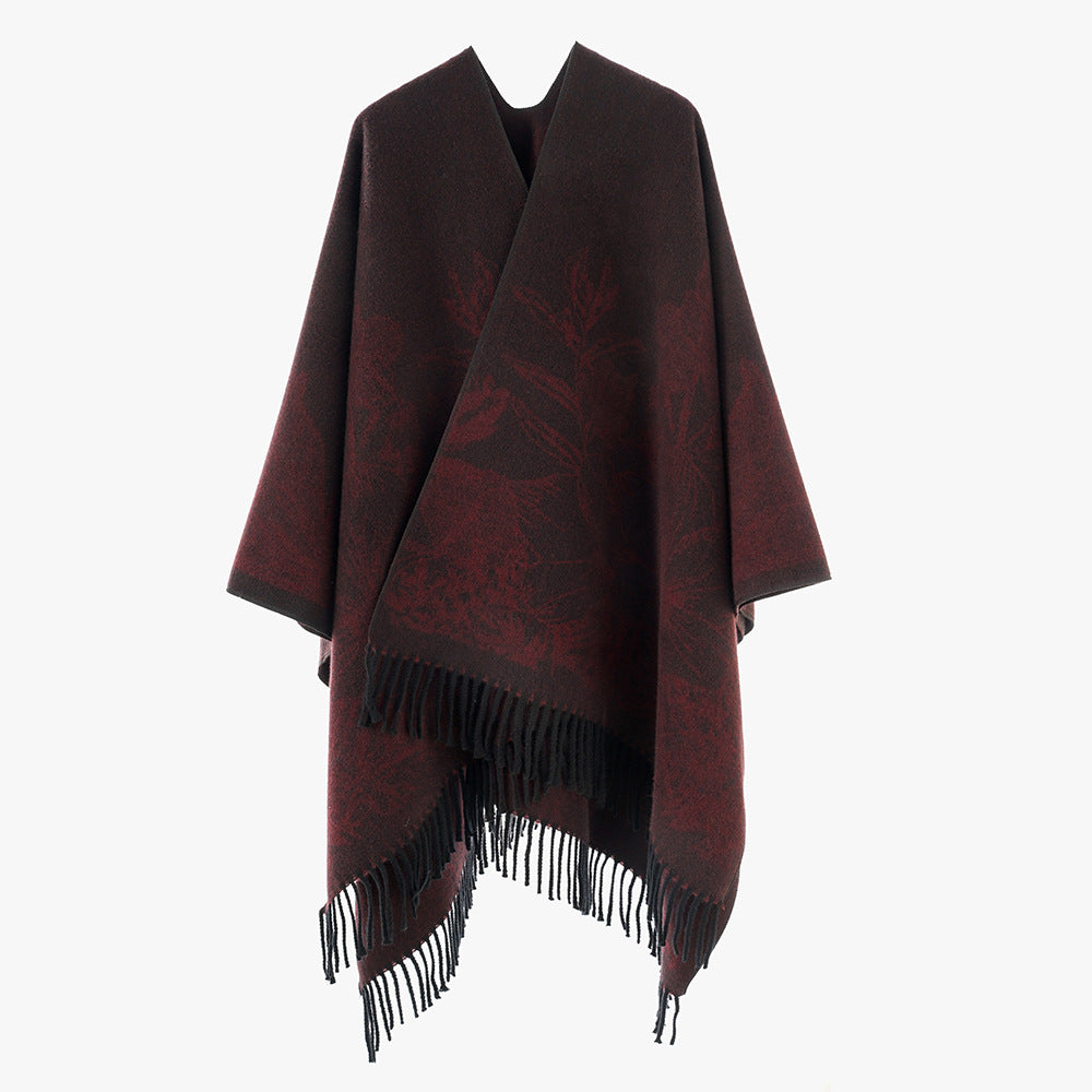Damen Fließender Capeponcho im Kimono‑Schnitt mit feinem Blumenjacquard und Fransensaum Shop Nory