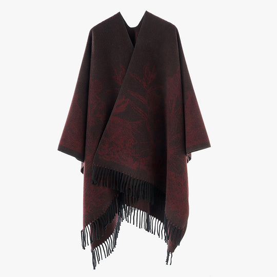 Damen Fließender Capeponcho im Kimono‑Schnitt mit feinem Blumenjacquard und Fransensaum Shop Nory