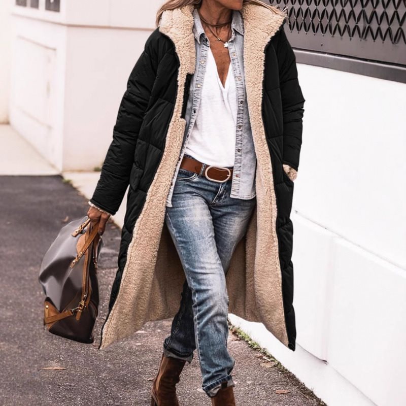 Damen langer Steppmantel mit Teddy-Innenfutter, Kapuze und wärmender Wattierung Shop Nory