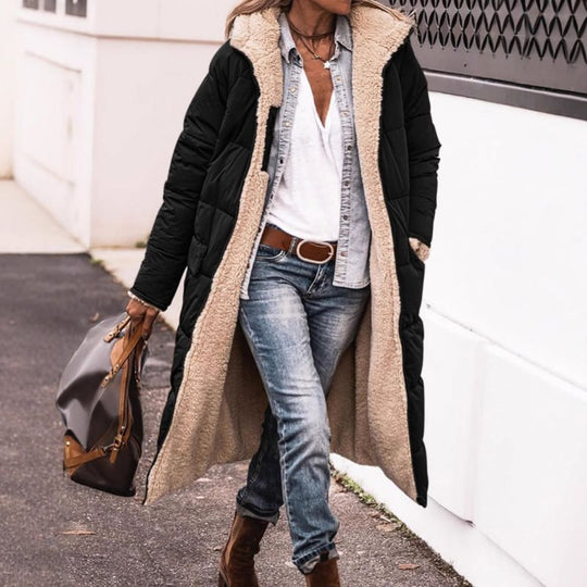 Damen langer Steppmantel mit Teddy-Innenfutter, Kapuze und wärmender Wattierung Shop Nory