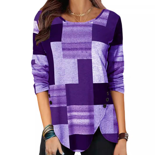 Damen gemustertes Langarm-Tunika-Shirt mit asymmetrischem Saum und dekorativer Knopfleiste Shop Nory