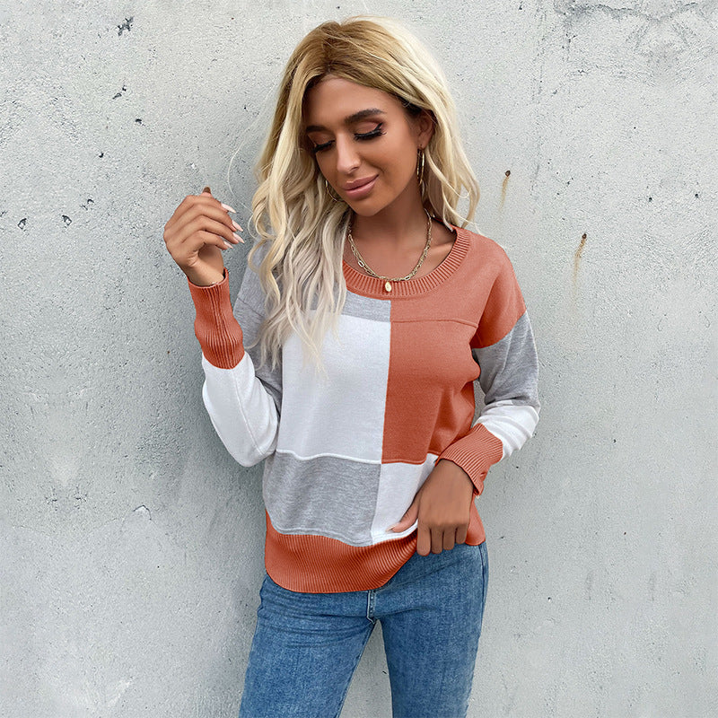 Damen Patchwork-Strickpullover mit kontrastierenden Feldern, Rundhalsausschnitt und gerippten Abschlüssen Shop Nory