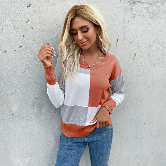 Damen Patchwork-Strickpullover mit kontrastierenden Feldern, Rundhalsausschnitt und gerippten Abschlüssen Shop Nory