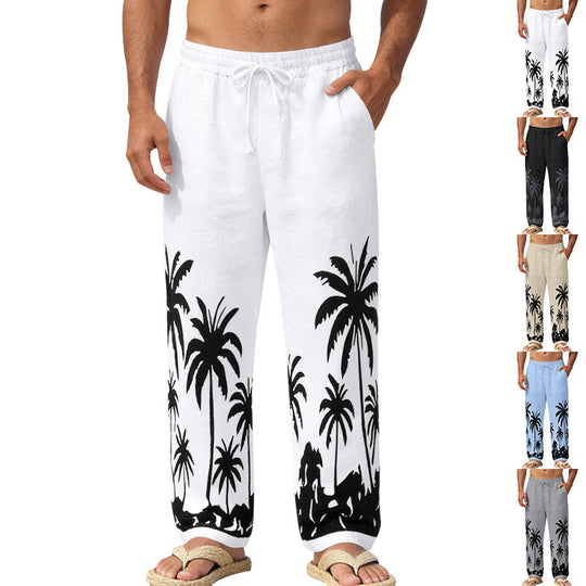 Herren Leinenoptik-Strandhose mit Palmenprint Relaxed-Fit und Kordelzug Shop Nory