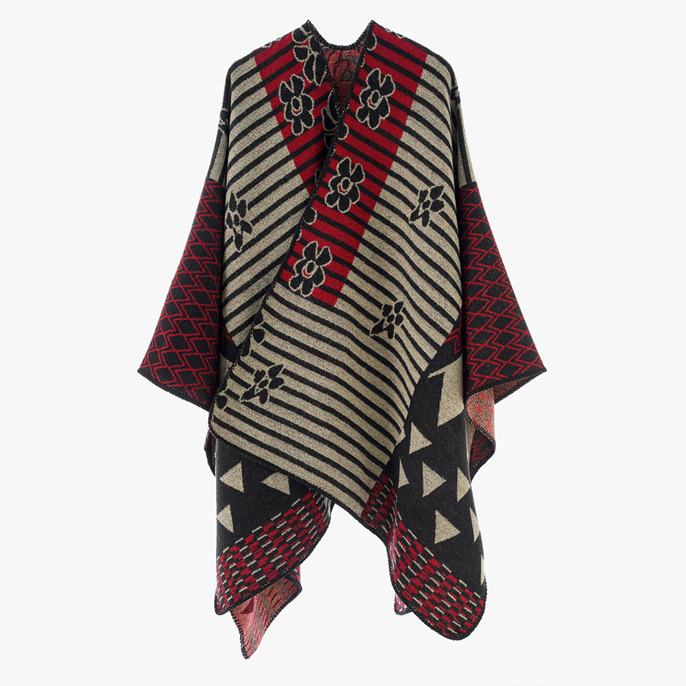 Damen Vielseitiger Strickponcho im Patchwork-Jacquard mit V-Ausschnitt und asymmetrischem Zipfelsaum Shop Nory
