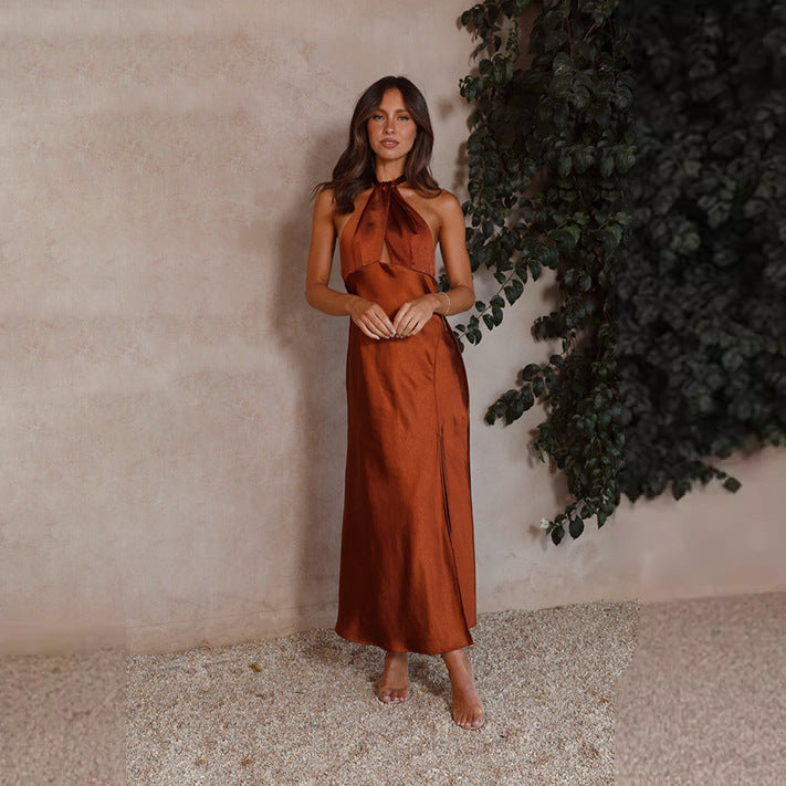 Damen Elegantes Wickelmaxikleid im Halterneck-Stil mit seitlichem Schlitz und Taillengürtel
