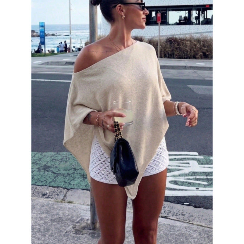 Damen Asymmetrisches Off-Shoulder Poncho-Top aus leichtem Strick Shop Nory