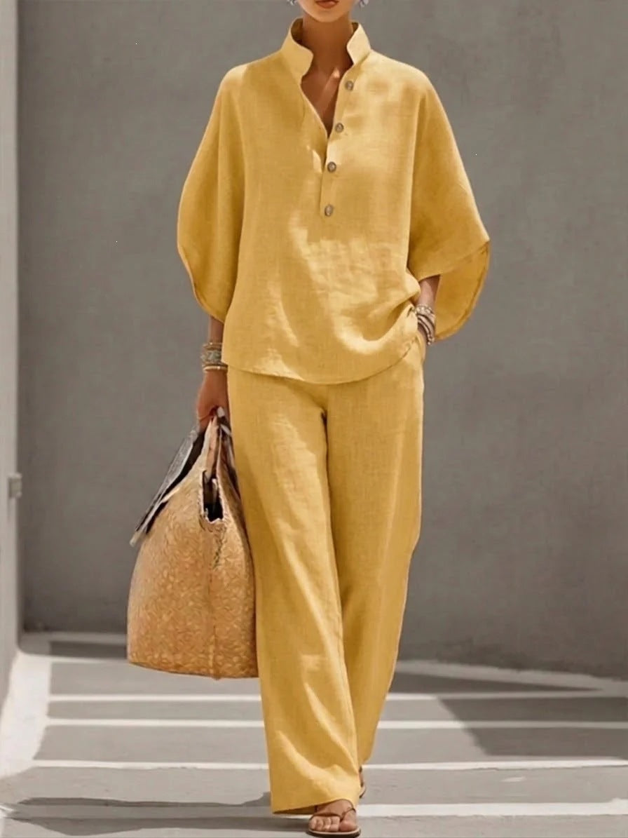 Damen Lockeres Leinenoptik-Zweiteiler mit Stehkragenbluse und weitem Palazzo-Hose Shop Nory