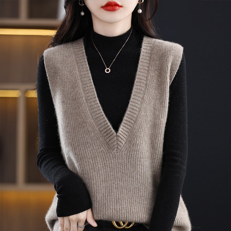Damen Strick-Longweste mit tiefem V‑Ausschnitt und feiner Rippstruktur Shop Nory