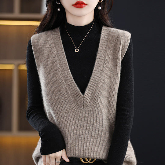 Damen Strick-Longweste mit tiefem V‑Ausschnitt und feiner Rippstruktur Shop Nory