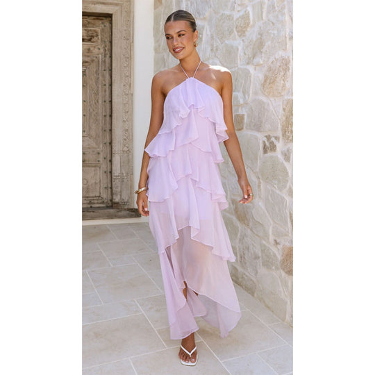 Damen Rüschen-Maxikleid mit asymmetrischem Design und elegantem Halteroberteil Shopnory