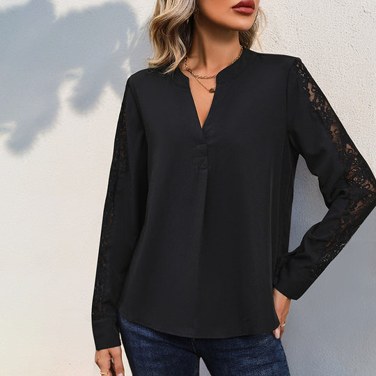 Damen Elegante Chiffonbluse mit Stehkragen, V-Ausschnitt und Spitzenbesatz an Ärmeln Shop Nory