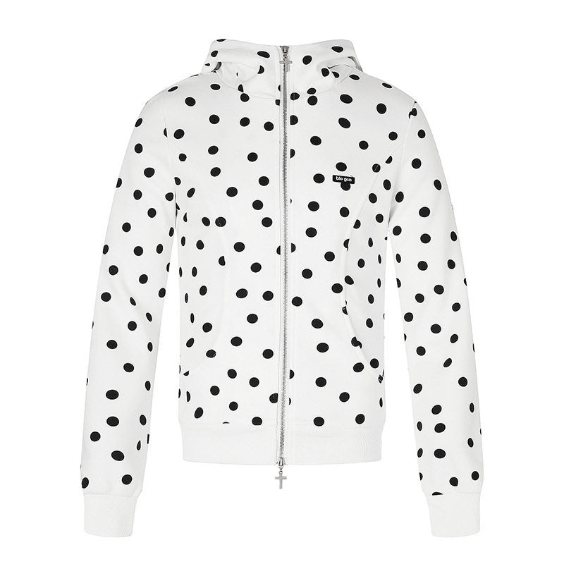 Damen Figurnahe Kapuzen‑Sweatjacke mit Punktmuster, Metall-Frontreißverschluss und Kängurutaschen Shop Nory