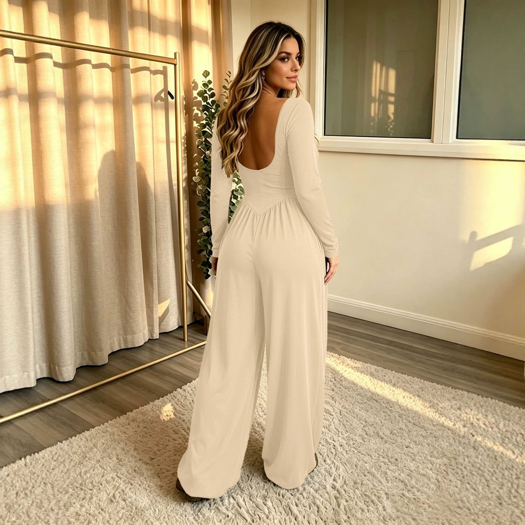 Damen Langer Jumpsuit mit weitem Bein, tiefem Rundhals und Eingrifftaschen Shop Nory