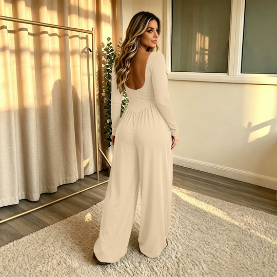 Damen Langer Jumpsuit mit weitem Bein, tiefem Rundhals und Eingrifftaschen Shop Nory