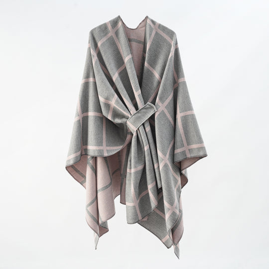 Damen Oversize Poncho aus Feinstrick mit Taillengürtel und Karomuster Shop Nory