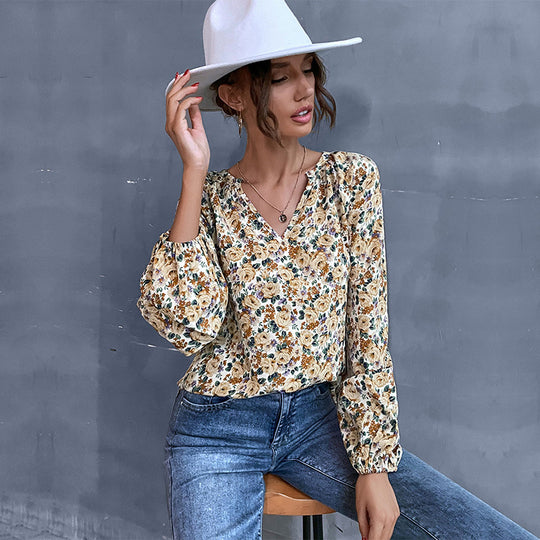 Damen Leichte V-Ausschnitt Blumenbluse mit Ballonärmeln Shop Nory