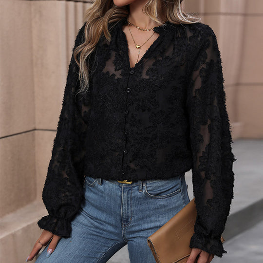 Damen Transparente Chiffon-Bluse mit floraler Flockapplikation, Knopfleiste und Rüschenmanschetten Shop Nory